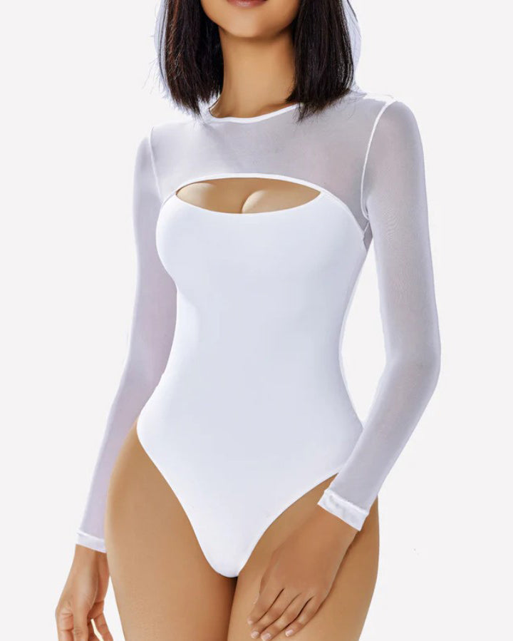 Mesh Long Sleeve Cutout Thong Shapewear Bodysuit