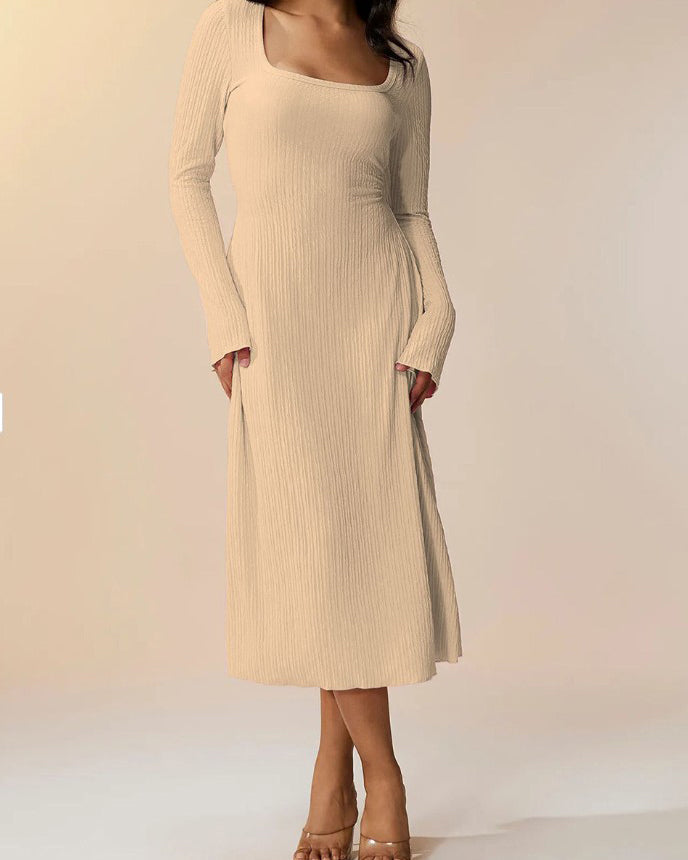 Knitted Ribbed Square Neck Long-Sleeved Tie Dress