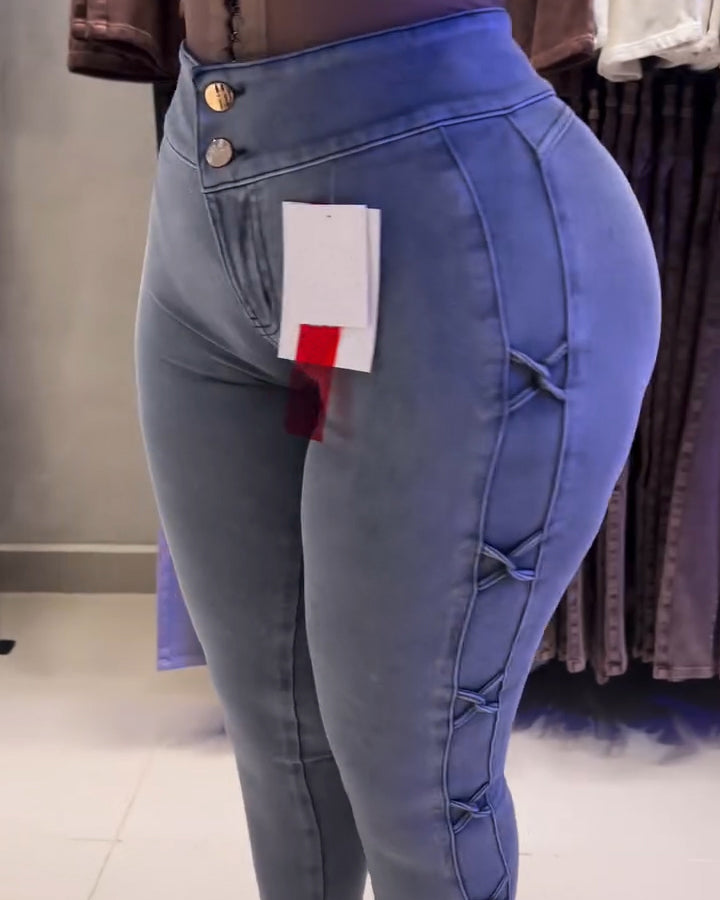 High-Stretch Double-Breasted Skinny Jeans