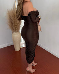 Off-the-Shoulder Long-Sleeved Ruched Side-Slit Bodycon Dress