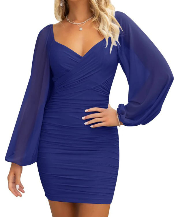 Puff Sleeve V-Neck Mesh Ruched Bodycon Dress