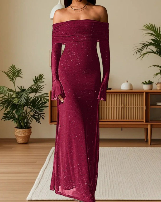 Off-the-Shoulder Shiny Flared Long-Sleeved Mesh Dress