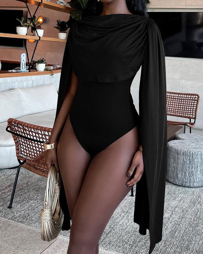 Round Neck Ruched Shawl Long Sleeve Thong Bodysuit