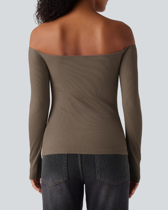 Off-Shoulder Built-In Bra Ribbed Knit Long-Sleeve Top