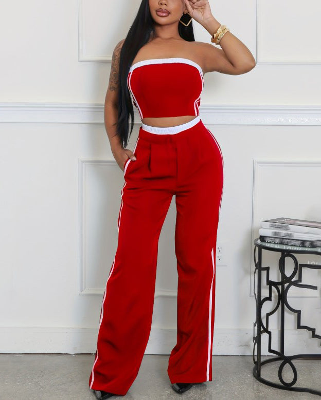 Stitching Style Tube Top Wide Leg 2 Piece Set