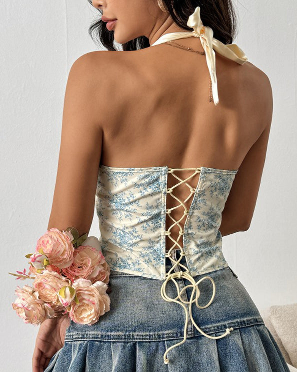 Print Halter Neck Tie Back Corset Top