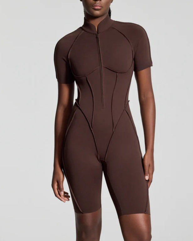 Short-Sleeved Zip-Up Striped Bodycon Jumpsuit