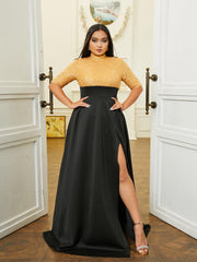 Plus Size Stand Collar Panel A-Line Split Prom Dress