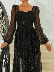 Lantern Sleeve Black Tulle Dress RA60074