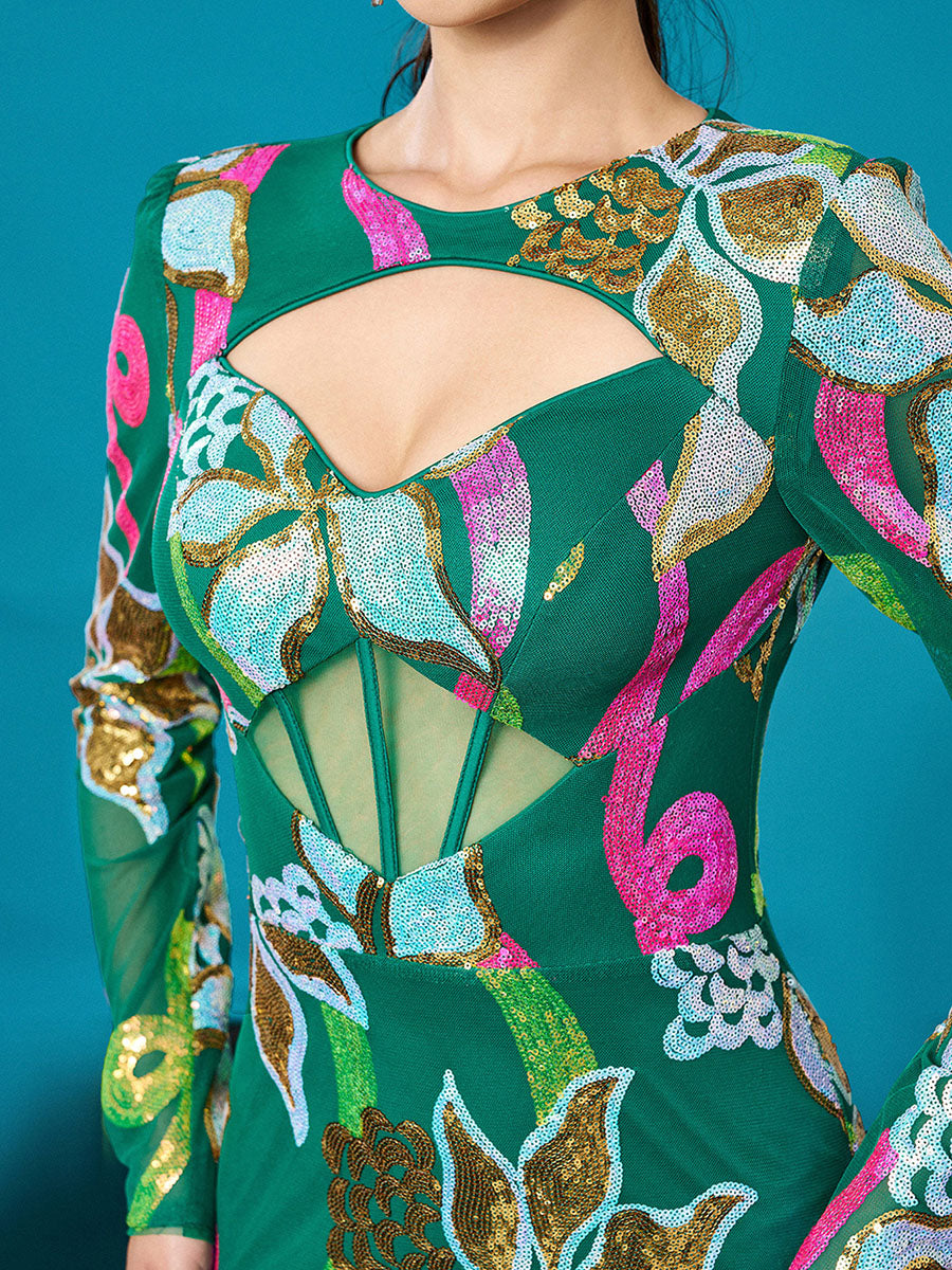 Long Sleeve Corset Cutout Floral Evening Dress