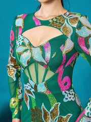 Long Sleeve Corset Cutout Floral Evening Dress