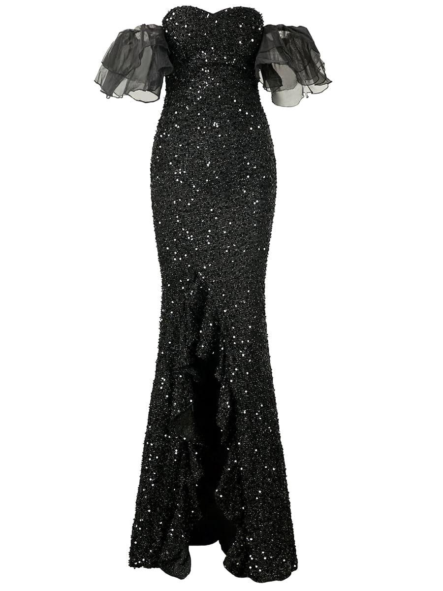 Off Shoulder Black Sequin Prom Dress