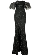 Off Shoulder Black Sequin Prom Dress