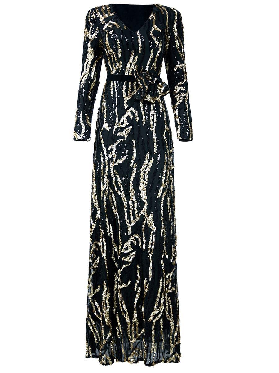 Maxi Sequin Formal Dress With Belt Bow Tie