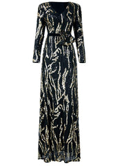 Maxi Sequin Formal Dress With Belt Bow Tie