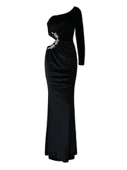 Cut Out Asymmetrical Black Velvet Formal Dress
