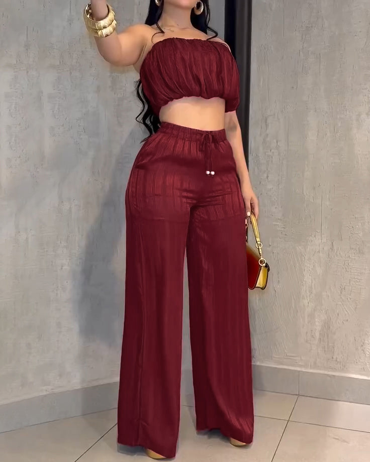 Shinny Bandeau Wide-Leg Slim Fit 2-Piece Set