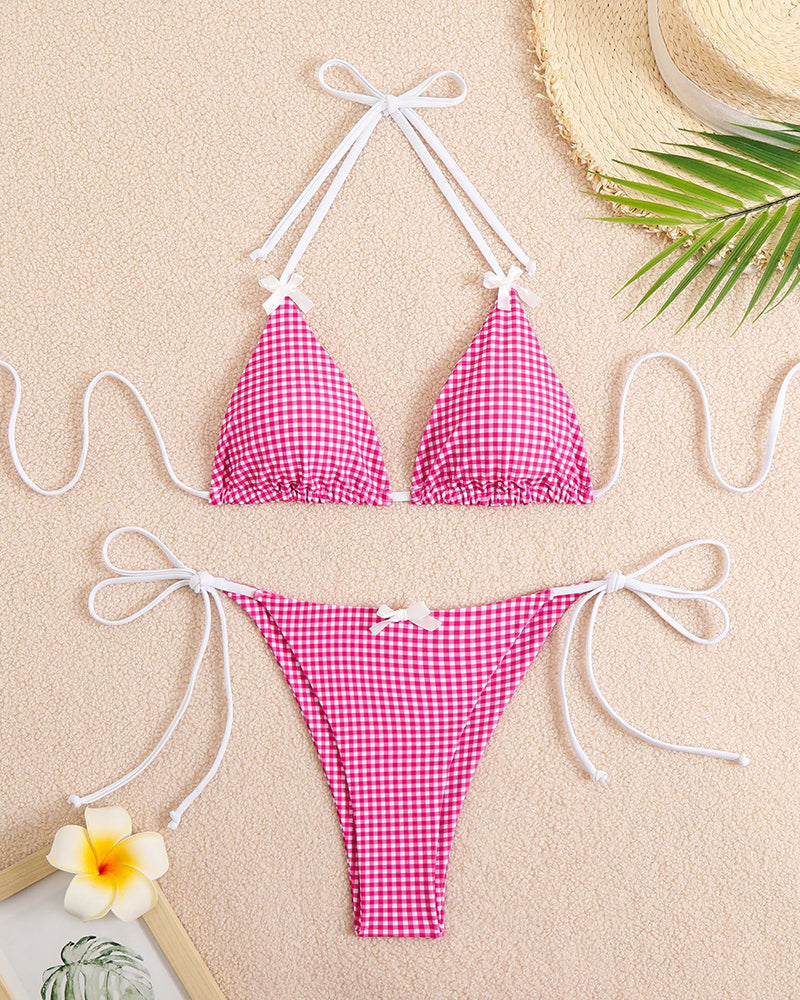 Halter Neck Tie Plaid Bikini Set