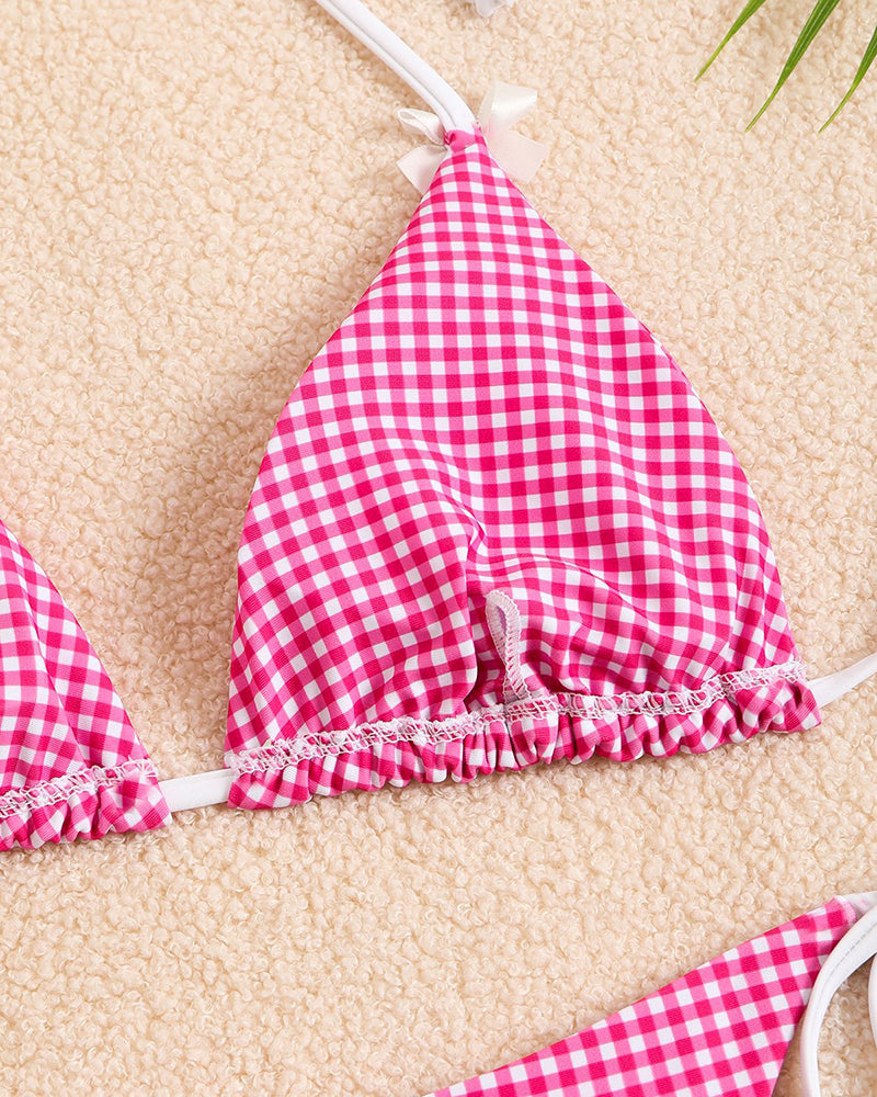 Halter Neck Tie Plaid Bikini Set