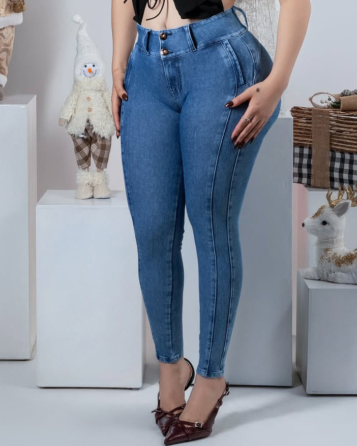 Butt-Enhancing Double-Breasted Skinny Jeans