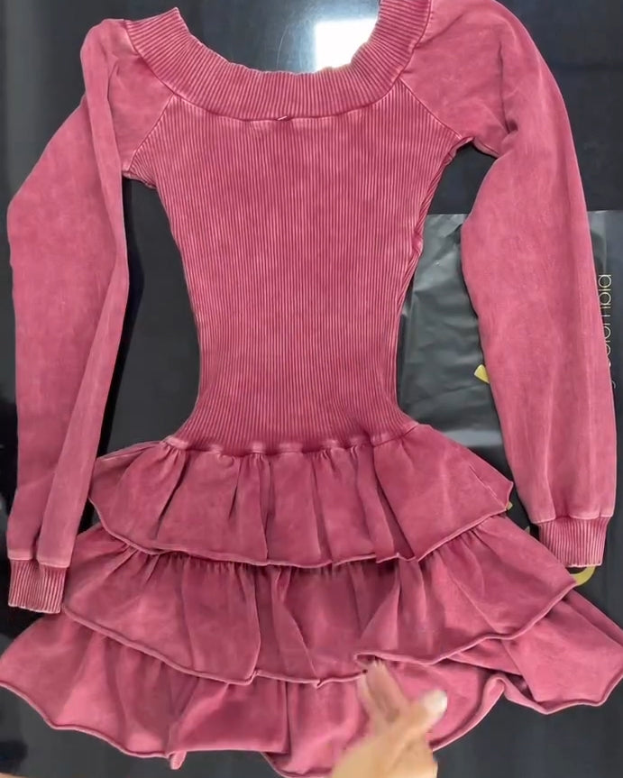 Long-Sleeved Ruffled Slim Fitted Dress