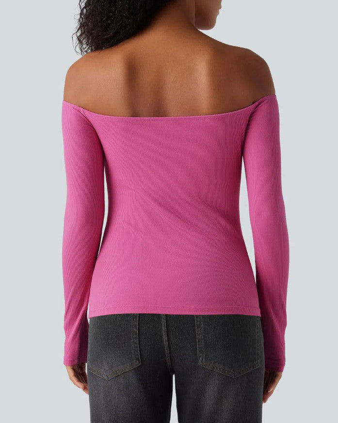 Off-Shoulder Built-In Bra Ribbed Knit Long-Sleeve Top