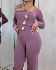 Long-Sleeved Button Slim Fit Jumpsuit