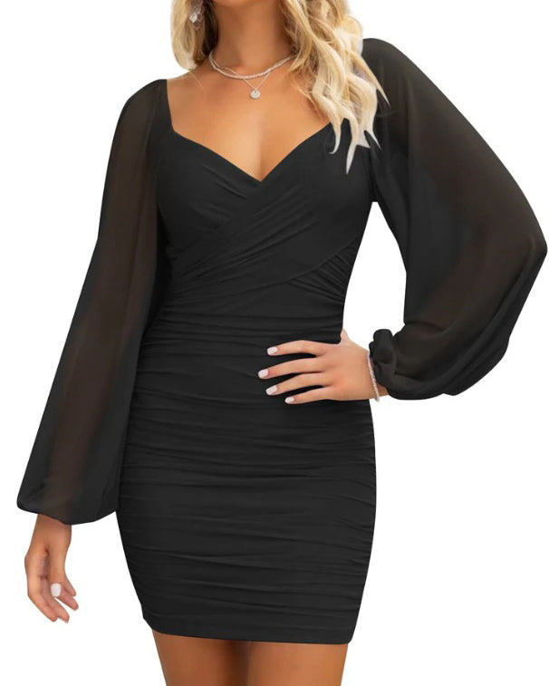 Puff Sleeve V-Neck Mesh Ruched Bodycon Dress