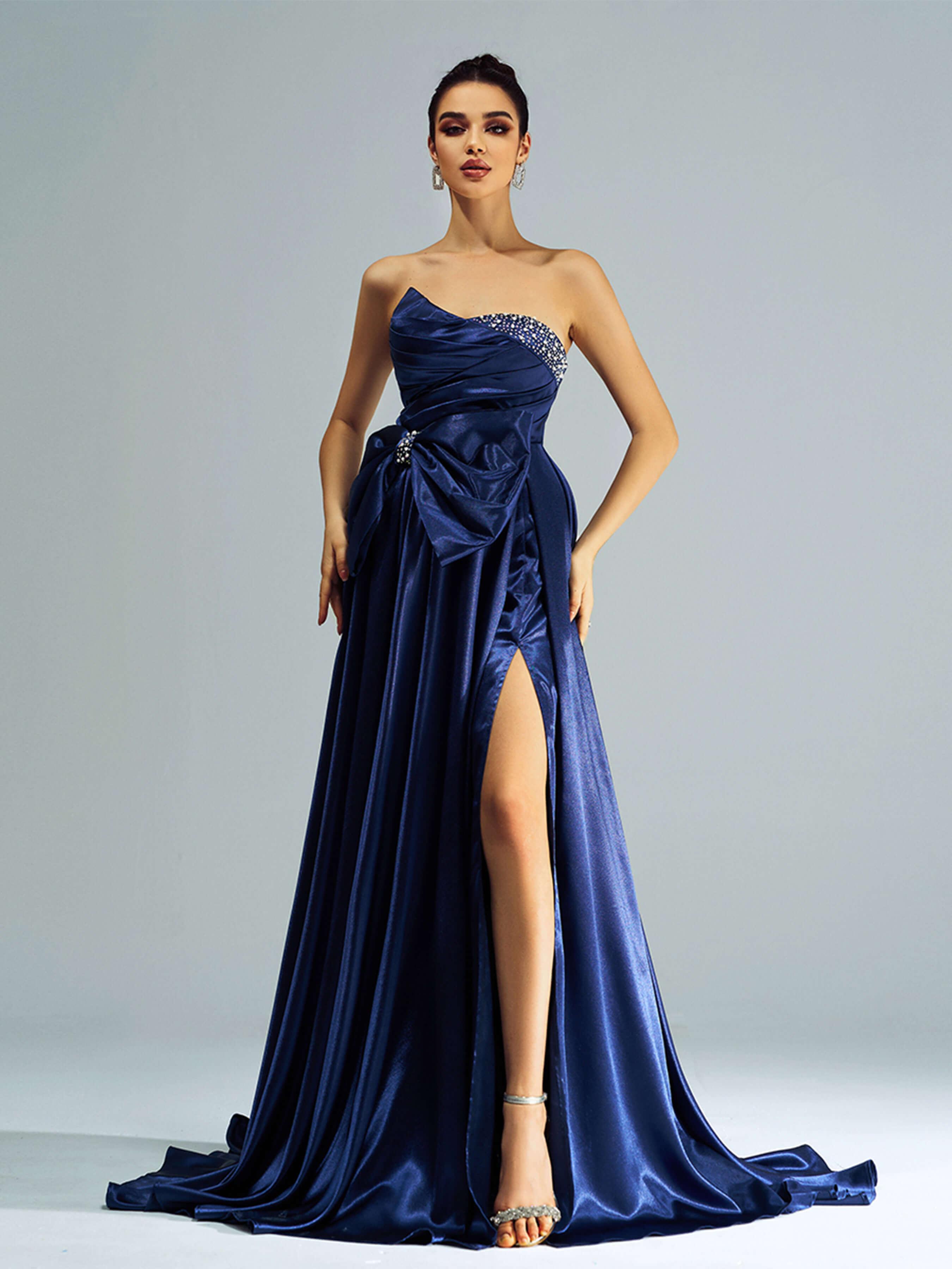 Bowknot Ruched Beaded Evening Dress GZ60067