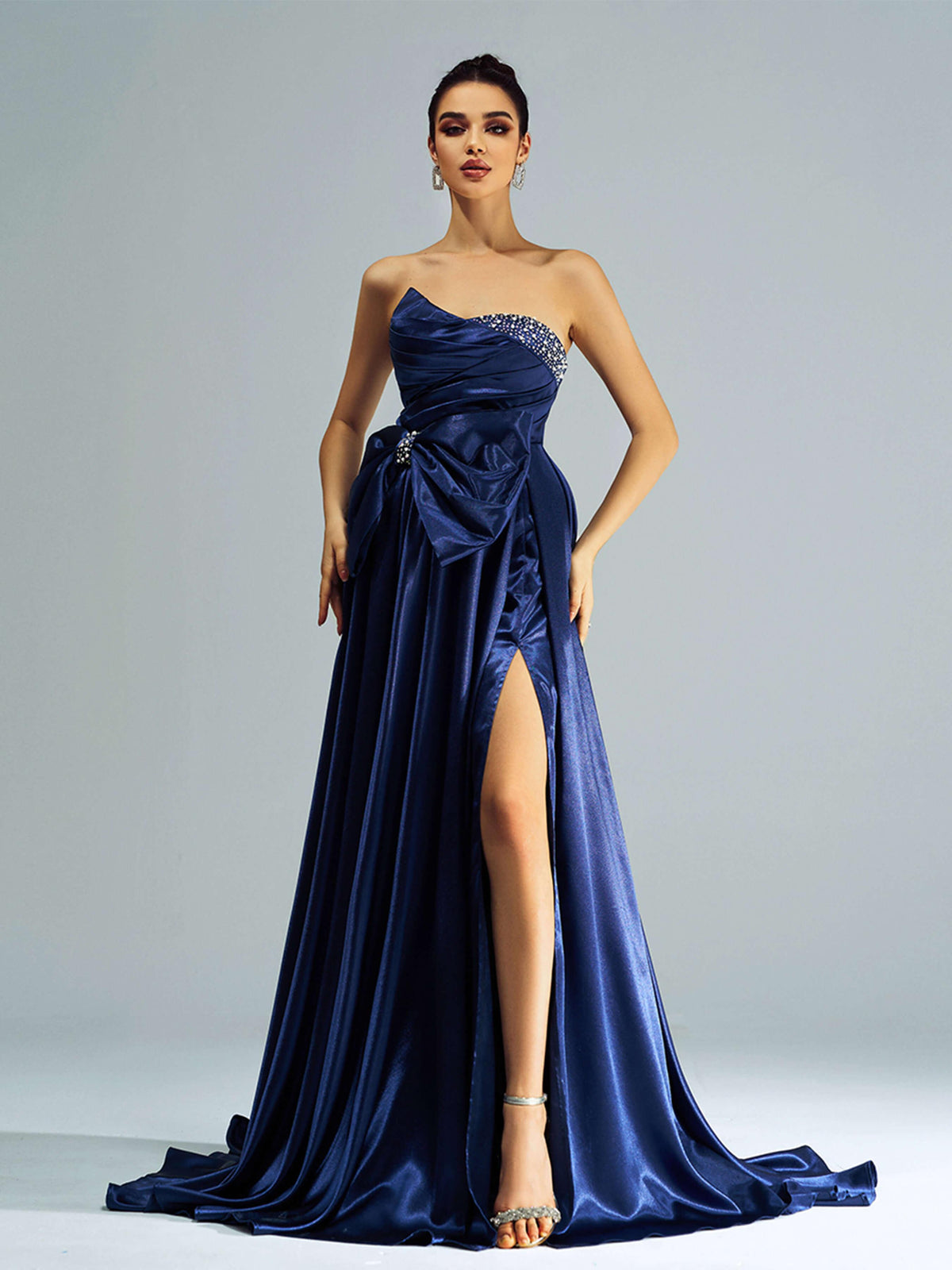 Bowknot Ruched Beaded Evening Dress GZ60067