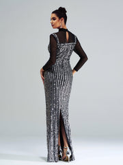Stand Collar Sequin Panel Long Sleeve Prom Dress