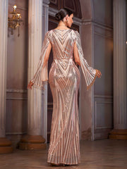 Champagne Sequin Maxi Evening Dress with Cape Sleeves and Beaded Tassel Trim