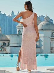 Pink Seuqin One Shoulder Split Cocktail Dress