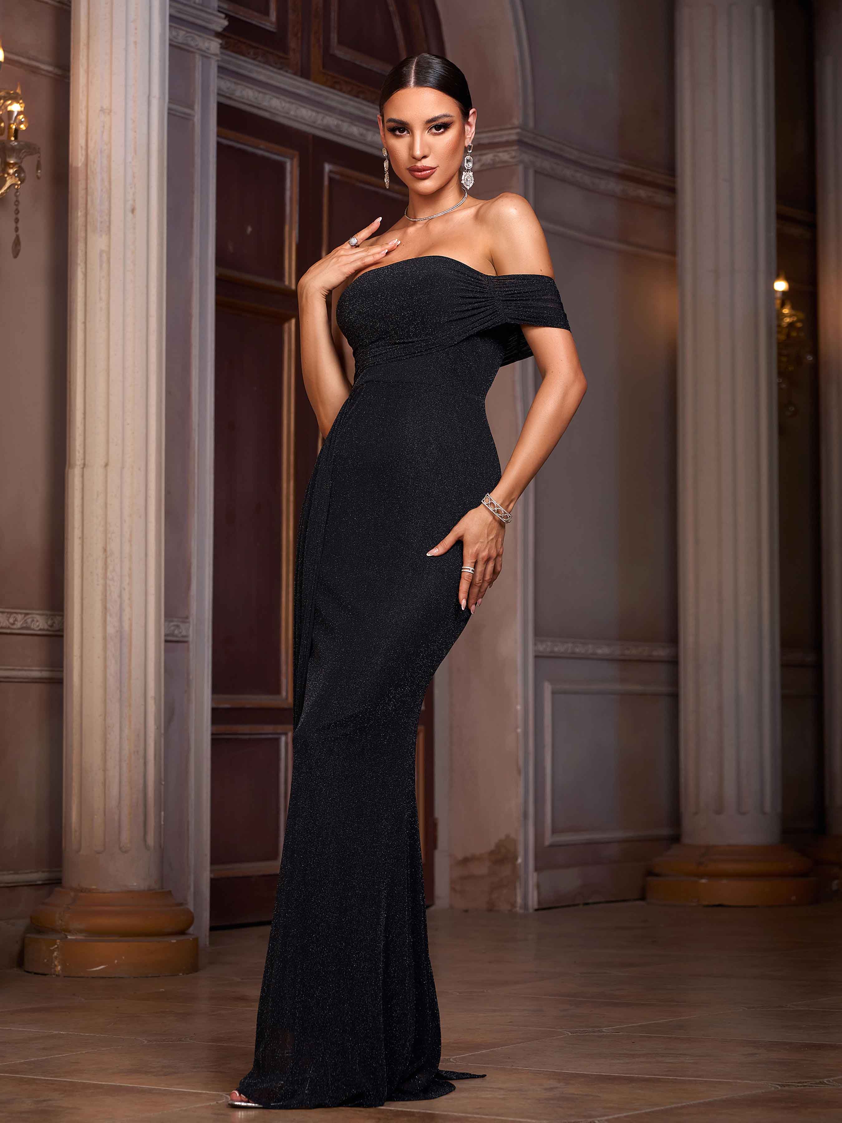 Black Off Shoulder Draped Stretchy Prom Dress SL30102
