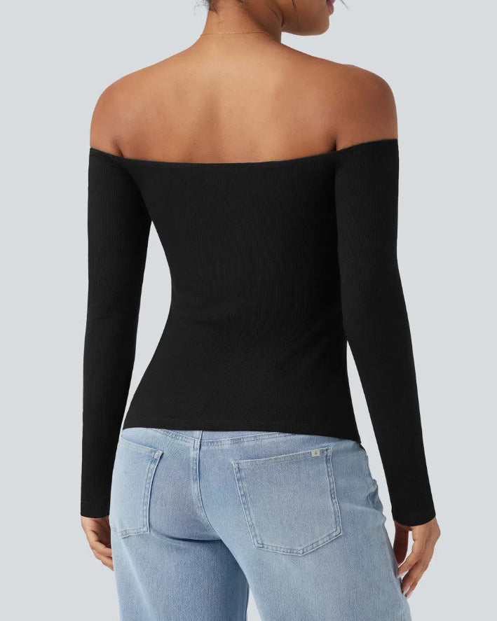 Off-Shoulder Built-In Bra Ribbed Knit Long-Sleeve Top