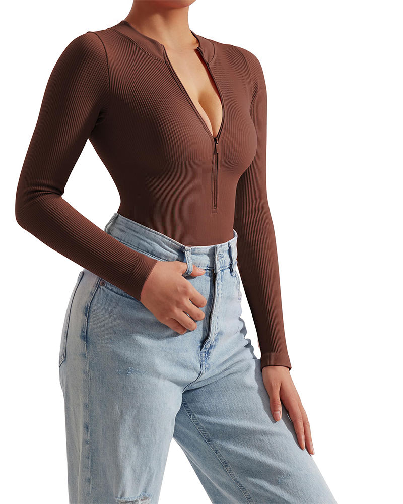 Seamless Ribbed Zip-Up Long Sleeve Bodysuit