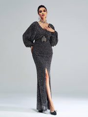 V-Neck Backless Split Sequin Maxi Dress
