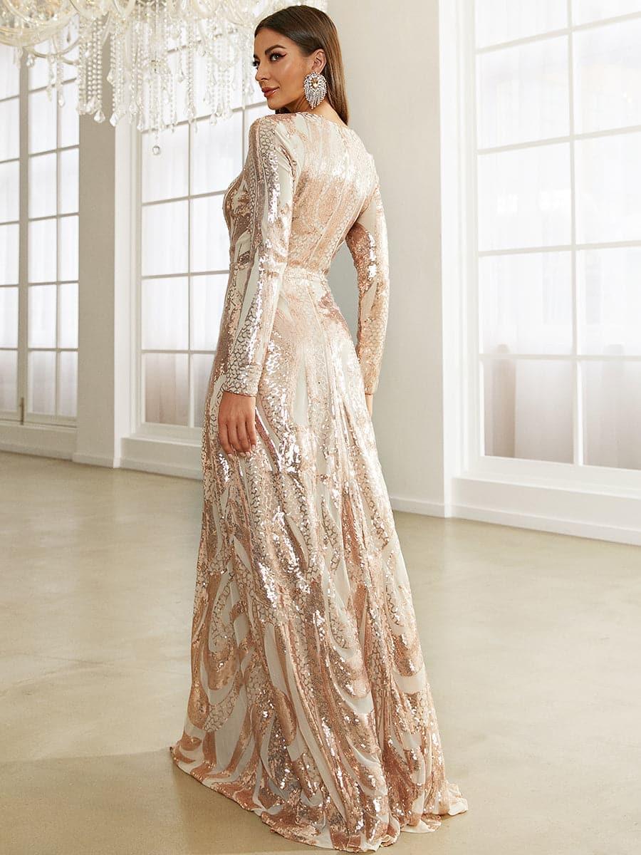 Long Sleeve Sequin Apricot Formal Dress