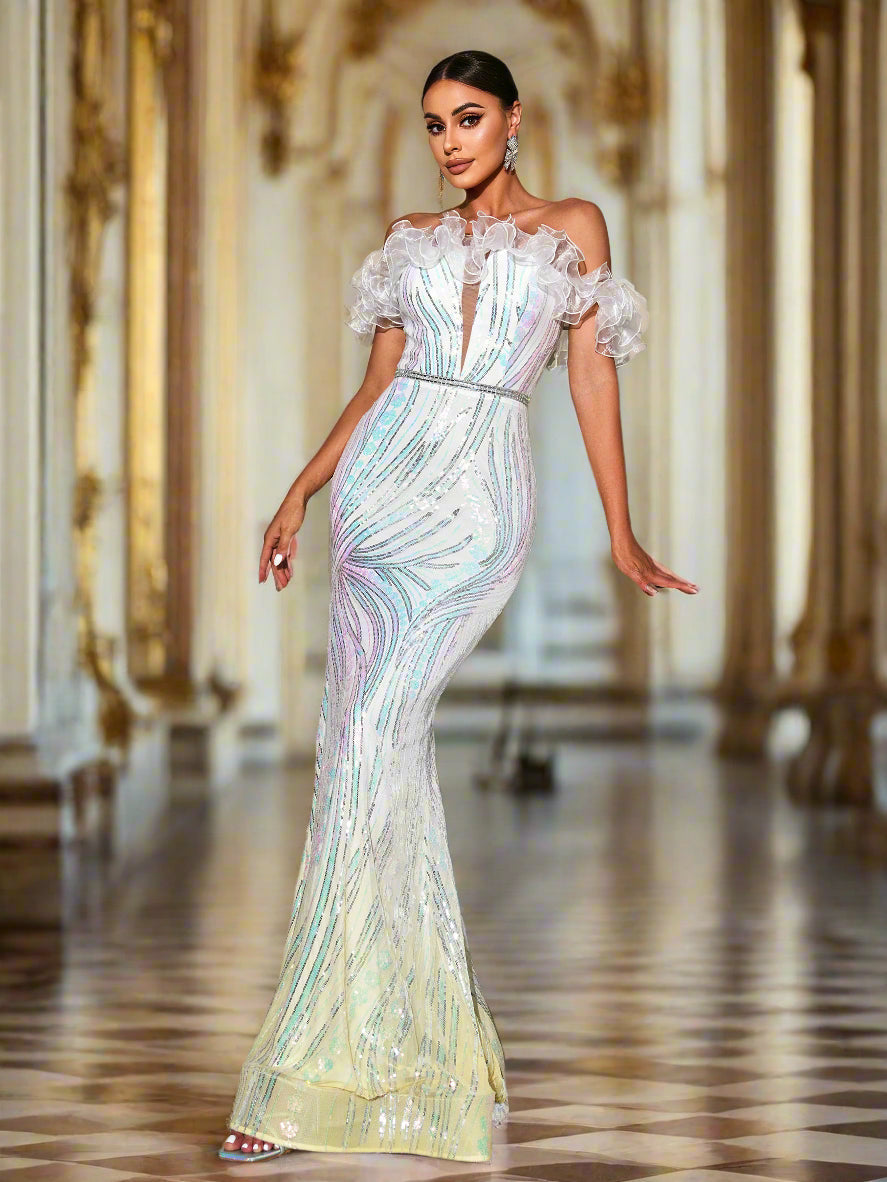 Off Shoulder Gradient Sequin Evening Dress