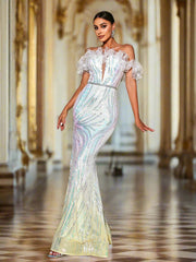 Off Shoulder Gradient Sequin Evening Dress