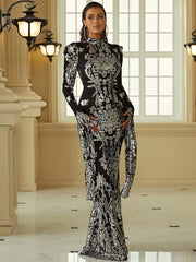Stand Collar Long Sleeve Mermaid Sequin Prom Dress