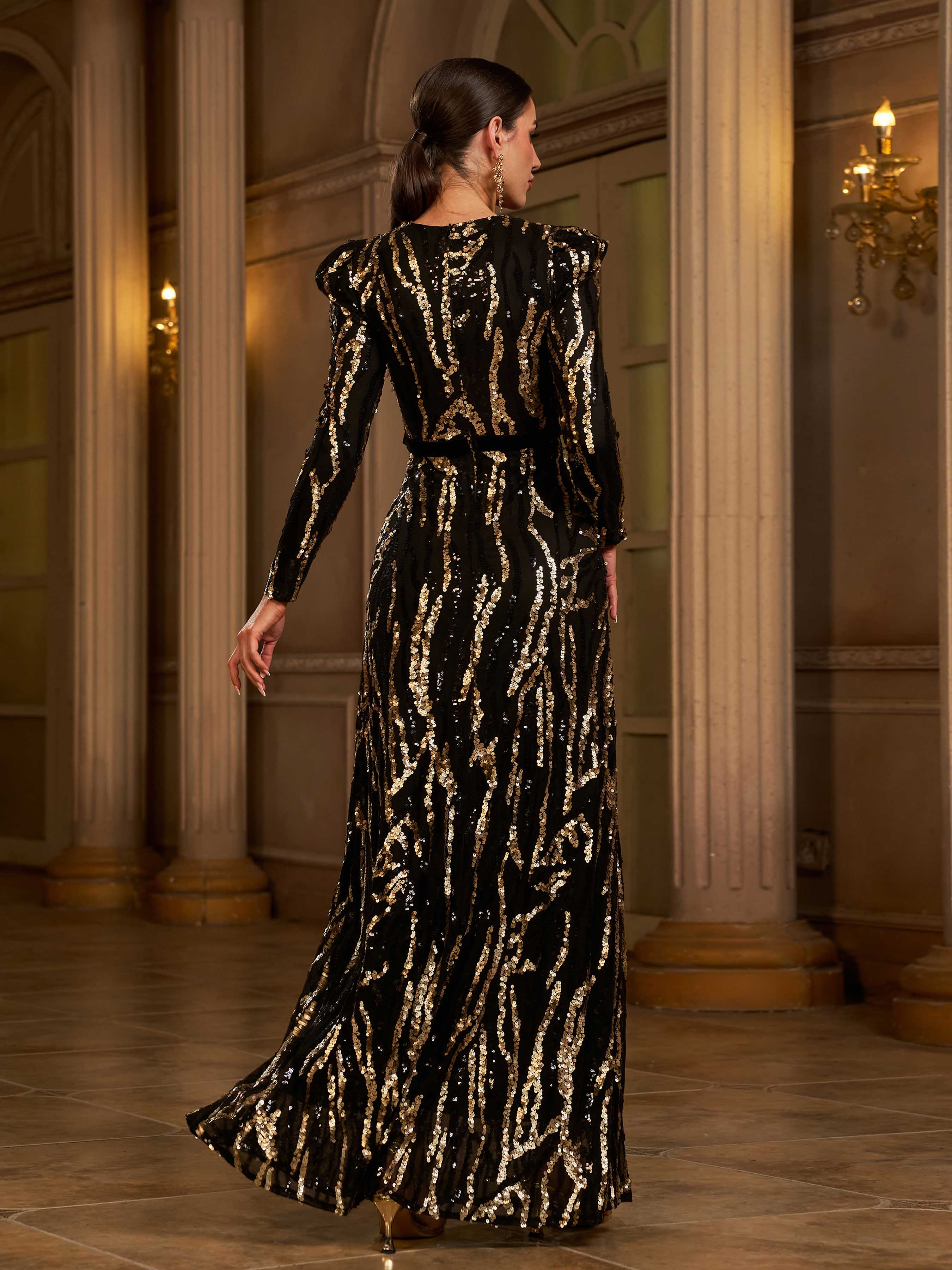 Maxi Sequin Formal Dress With Belt Bow Tie