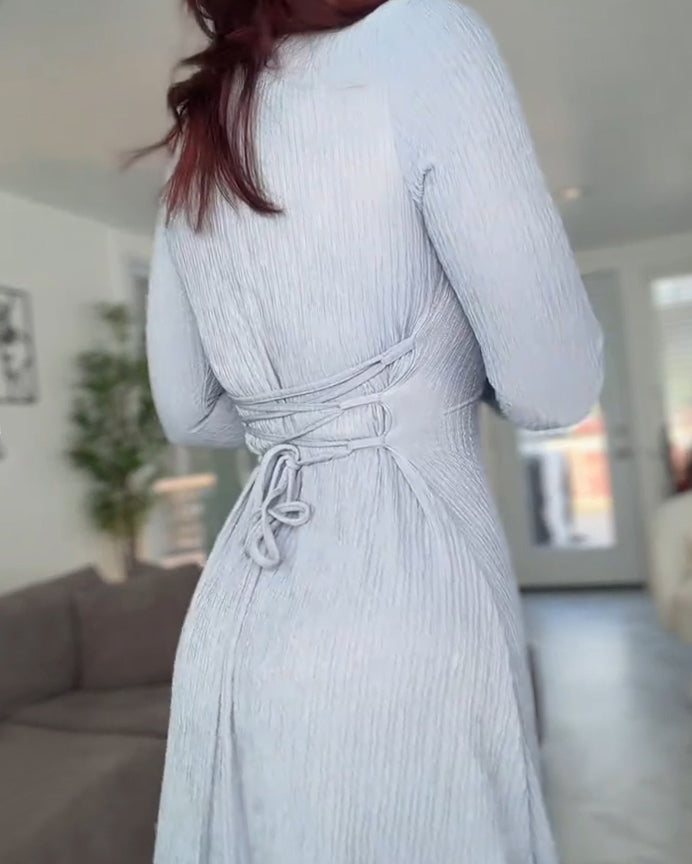 Knitted Ribbed Square Neck Long-Sleeved Tie Dress