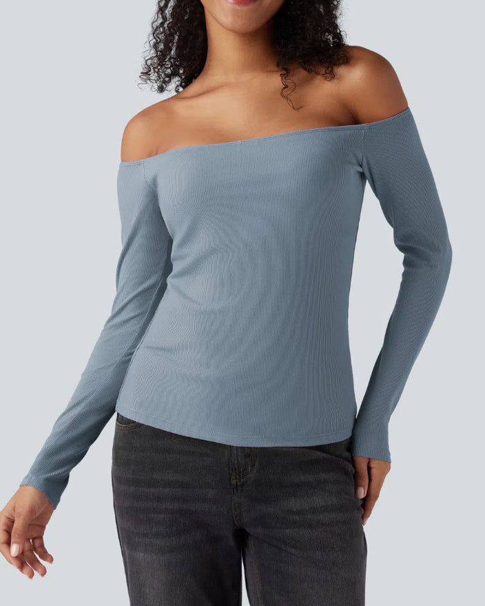 Off-Shoulder Built-In Bra Ribbed Knit Long-Sleeve Top