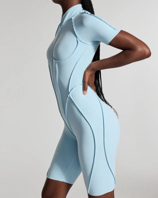 Short-Sleeved Zip-Up Striped Bodycon Jumpsuit