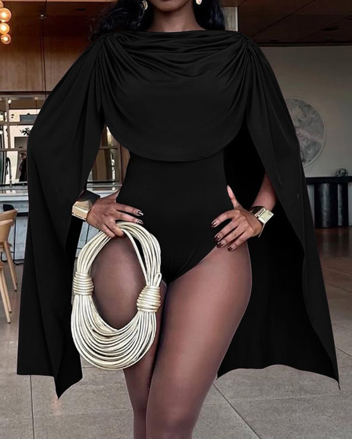 Round Neck Ruched Shawl Long Sleeve Thong Bodysuit