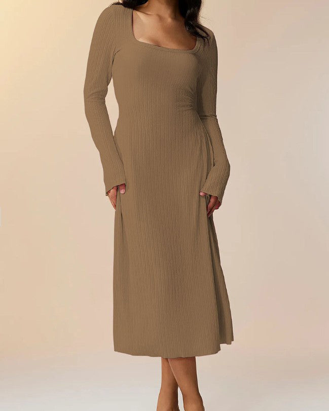 Knitted Ribbed Square Neck Long-Sleeved Tie Dress