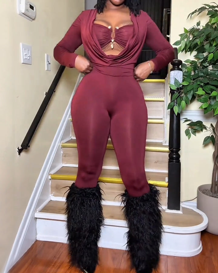 Draped Neck Slimming Long-Sleeved Jumpsuit