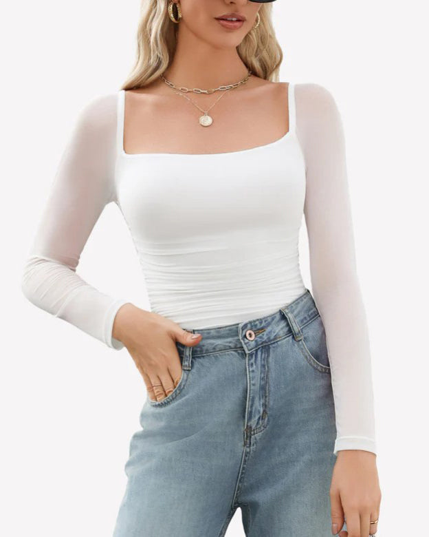 Square Neck Ruched Mesh Long Sleeve Shaping Bodysuit
