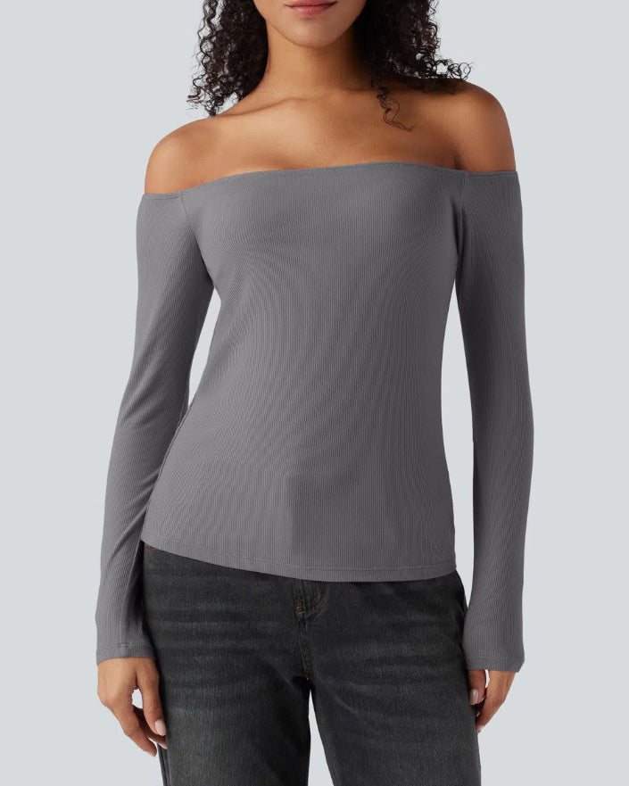 Off-Shoulder Built-In Bra Ribbed Knit Long-Sleeve Top